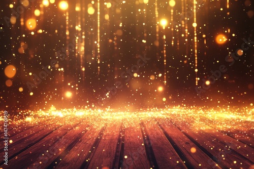 Golden glitter particles raining down on wooden floor