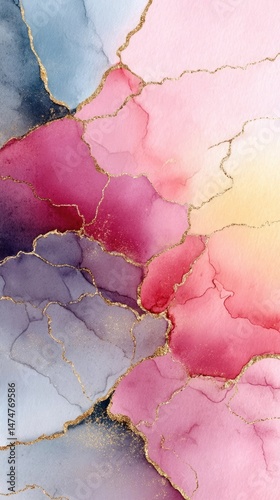 Pink, red, and blue alcohol ink painting with gold veins creating abstract design photo