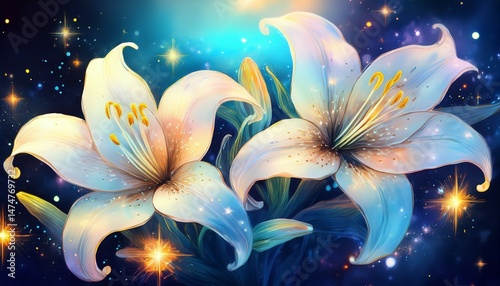 white lilies with stars embedded inside the petals glowing with a dreamy cosmic watercolor vibe photo