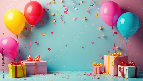 A vibrant birthday party scene with colorful balloons, streamers, and gifts , festive background, celebratory