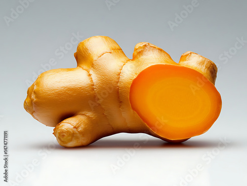 Fresh Ginger Root Half Cut Open Revealing Vibrant Yellow Flesh in an Artistic Display