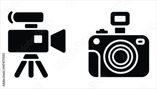 Video Camera and Photo Camera Silhouette Icon Set for Media and Photography Designs