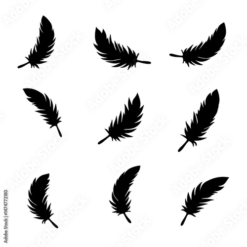 soft bird plumage set. Big set of bird feathers design. fluffy swan. Pen icons design. set of bird feathers design Vector Black silhouettes. with white background