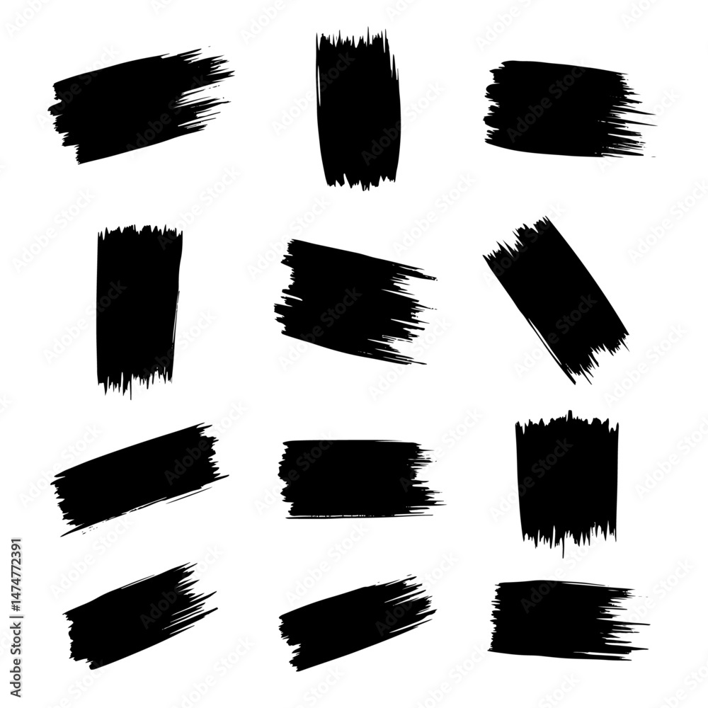 A collection of modern grungy paint brush strokes is presented, featuring calligraphy with straight smears, stamp, and lines, all hand drawn in ink and isolated on a white background with modern