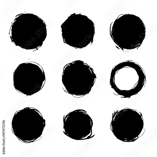 Black ink brush strokes in circles, grunge texture vector set isolated on a white background. Hand drawn circular shapes with round textures and stripes