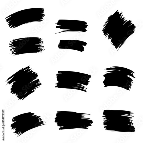 A collection of modern grungy paint brush strokes is presented, featuring calligraphy with straight smears, stamp, and lines, all hand drawn in ink and isolated on a white background with modern