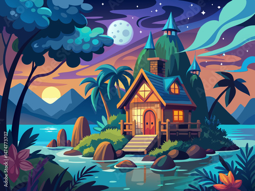 vector of Little cottage by the ocean under the moon