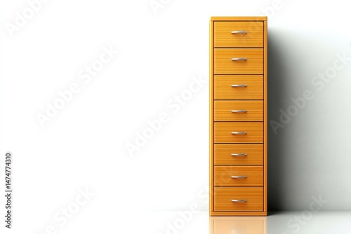 Tall wooden storage cabinet with multiple drawers for organizing various items in a minimalistic setting