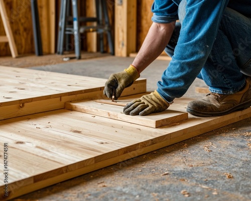 A master carpenter installs a wooden floor covering. The material tells about the installation of flooring and the work of a carpenter.