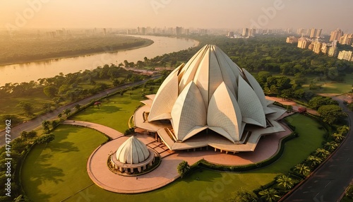 Aerial View of the Lotus Temple in Delhi, India at Sunrise