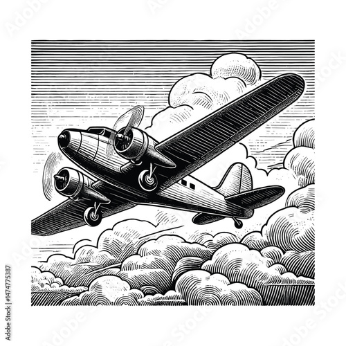 Vintage Ink Illustration of an Airplane Flying Through Clouds, drawn in an engraved, woodcut style with fine details sketch engraving vector illustration. Scratch board imitation. Black and white