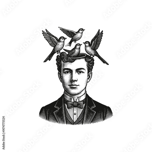 Vintage Ink Illustration of a Man with Birds Flying Out of His Head, drawn in an engraved, woodcut style with fine details sketch engraving vector illustration. Scratch board imitation. 