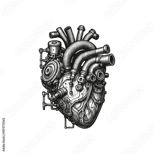 Vintage Ink Illustration of a Mechanical Heart with Tubes and Pipes, drawn in an engraved, woodcut style with fine details sketch engraving vector illustration. Scratch board imitation. 