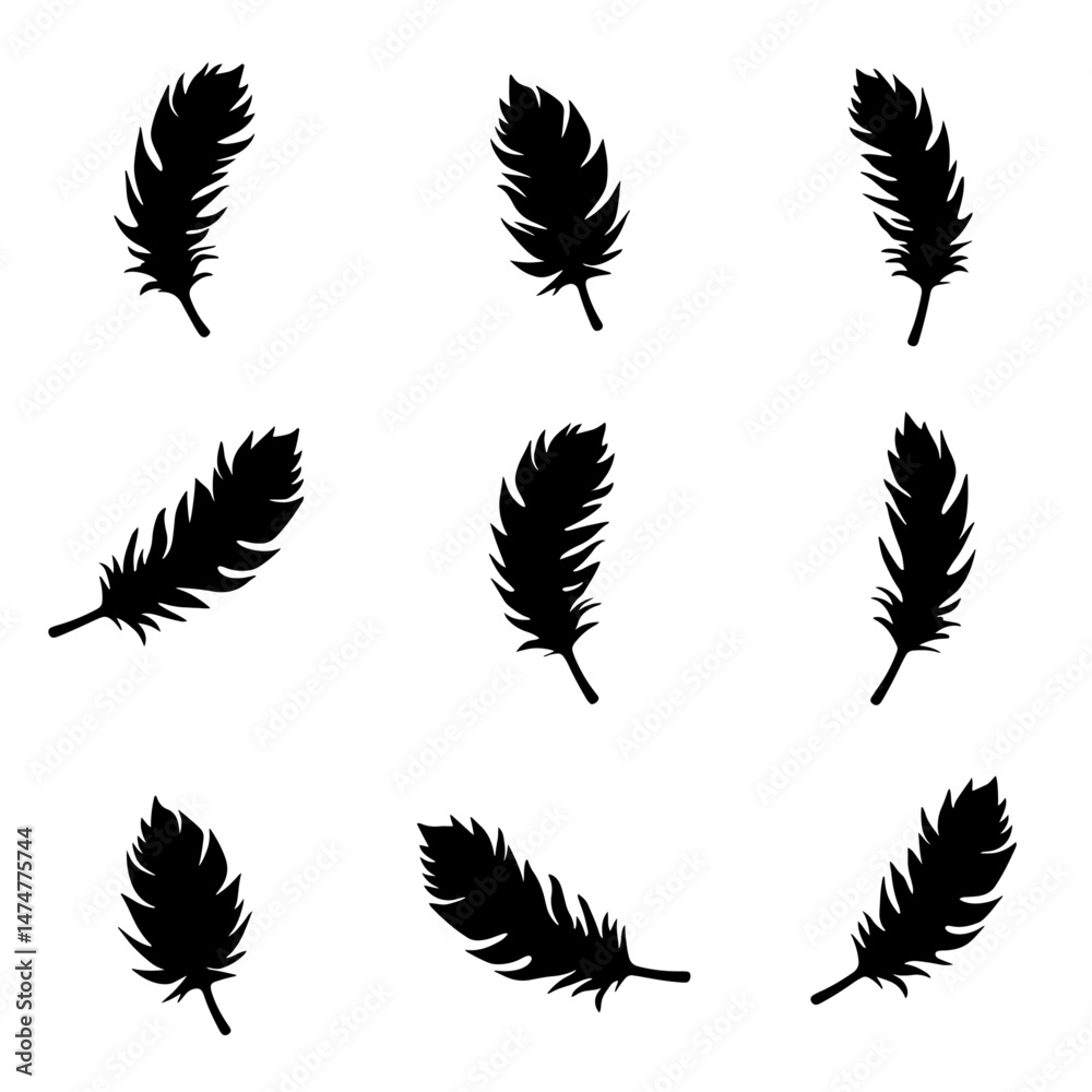 soft bird plumage set. Big set of bird feathers design. fluffy swan. Pen icons design. set of bird feathers design Vector Black silhouettes. with white background