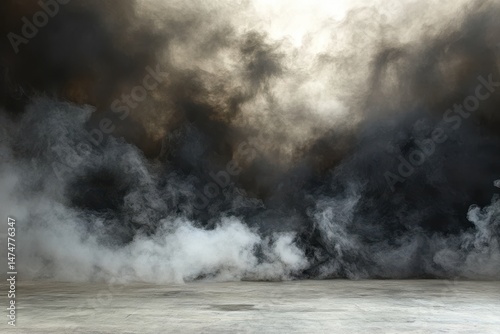 Smoky, grey concrete floor, dramatic atmosphere. Thick, dark smoke billows, contrasting with lighter smoke and a light source above.  Empty,  industrial style