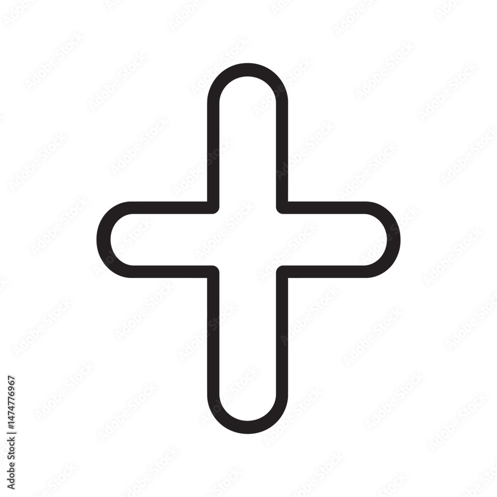 Fototapeta premium A simple black plus symbol with rounded edges presents against a white background