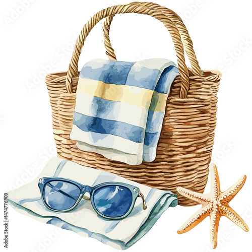 Watercolor beach bag with sunglasses, towel, and starfish isolated on a white background, detailed illustration, high-resolution, professional photograph
