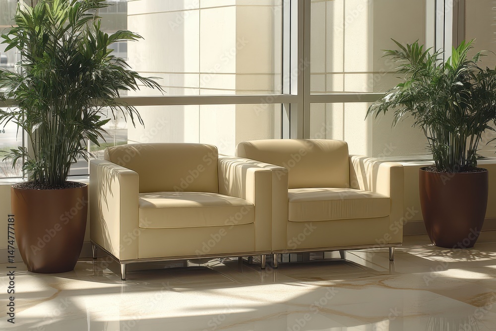 Fototapeta premium Modern waiting area with comfortable seating and large plants