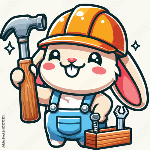 Cute Rabbit Handyman Holding Hammer Cartoon Vector Icon Illustration