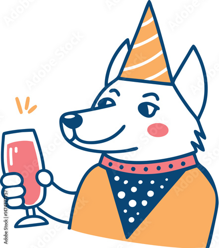 Cartoon dog celebrating with drink and party hat