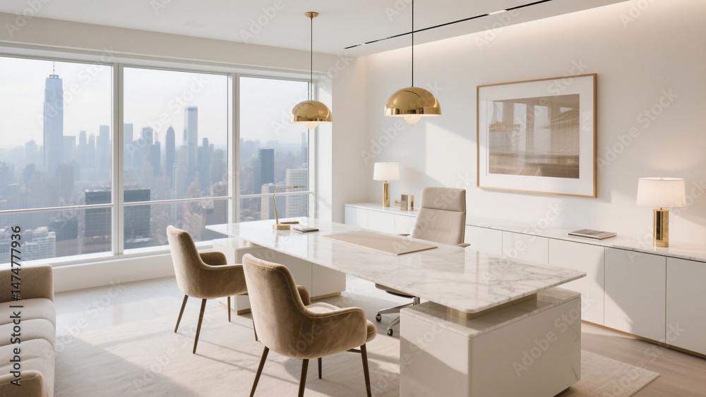 Fototapeta premium Contemporary luxury office design with a white marble desk, neutral palette, and velvet accents. Perfect for high-end office decor and stylish workspace concepts.