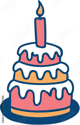 Colorful two-tiered birthday cake with single candle and icing