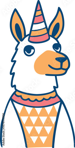 Colorful cartoon llama with unicorn horn and geometric patterns