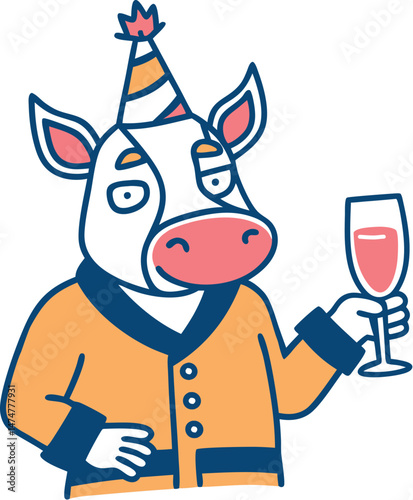 Cartoon cow in party hat celebrates with champagne in orange blazer