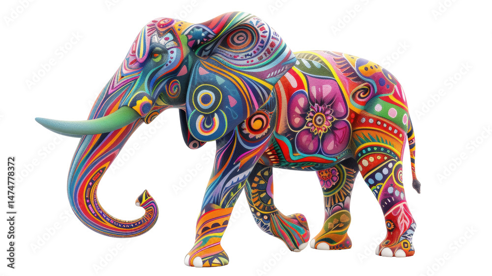 Obraz premium Vibrant elephant sculpture with decorated tusks and colorful floral patterns