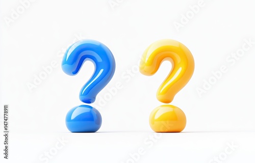 Two vibrant question marks, one blue and one yellow, sit on a white background.  The 3D shapes appear glossy and playful, suggesting a concept of inquiry, curiosity, or a choice photo