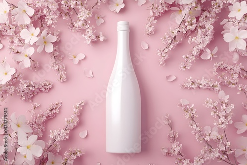 Elegant bottle amidst blooming cherry blossoms