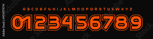 Player Number Font in Bauhaus Tech Style, Bold Geometric Alphabet for sci-fi UI, cyberpunk branding, digital posters, esports visuals, modern tech interfaces, team jersey. Vector Illustration
