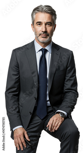 Portrait of a distinguished middle-aged Caucasian businessman with grey hair and beard, wearing a dark suit and tie, posing confidently against a transparent background.