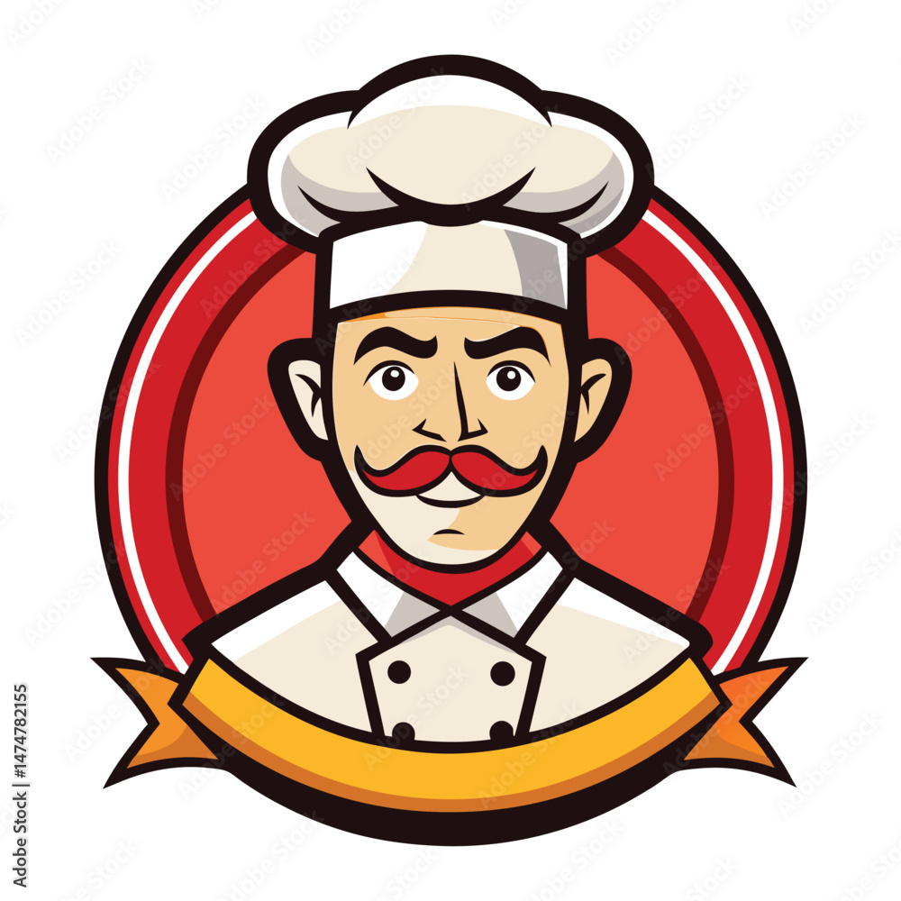 Cartoon smiling chef with mustache in uniform and hat, restaurant logo design, colorful illustration Cartoon smiling chef with mustache in uniform and hat, restaurant logo design, colorful illustration