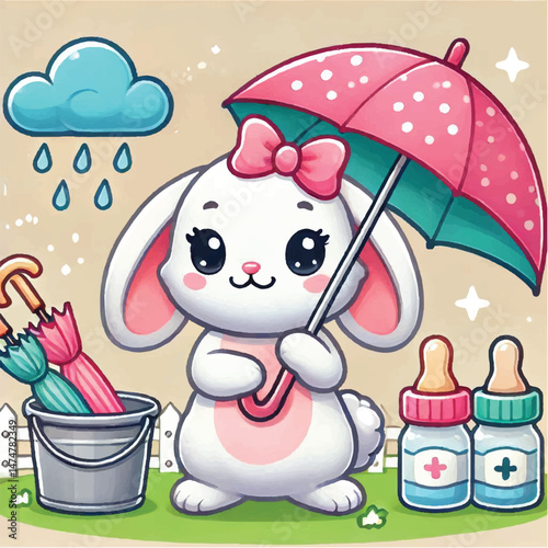 Cute Rabbit Holding Umbrella Cartoon Vector Icon Illustration