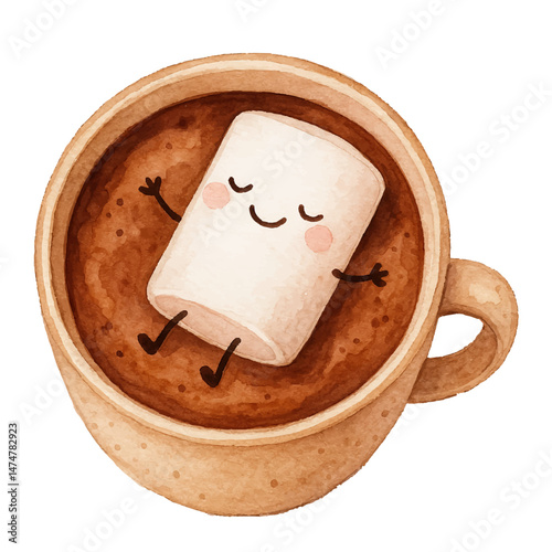 Cute marshmallow relaxing in hot chocolate. Adorable marshmallow floating in cozy cappuccino cup. Hot sweet coffee vector illustration. Cacao mug vector illustration.
