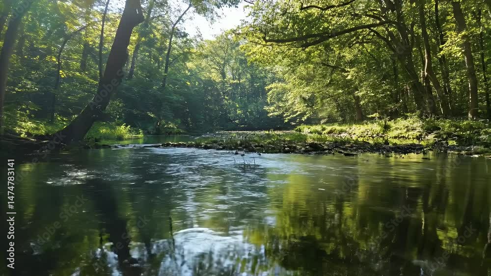Calm River Flowing Through Lush Green Forest Reflecting Trees and Sunlight in Serene Natural Landscape Calm River Flowing Through Lush Green Forest Reflecting Trees and Sunlight in Serene Natural Landscape