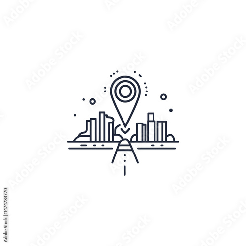 A simplified city skyline with a prominent map marker suggests location guidance