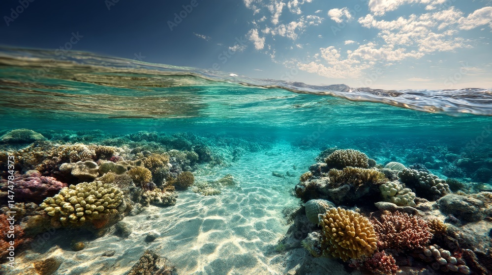 Fototapeta premium Underwater coral reef seabed view with horizon and water surface split by waterline