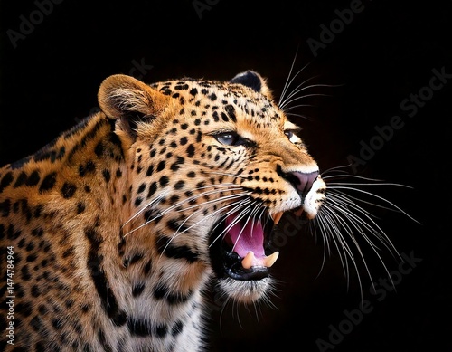 Yawning leopard at black background