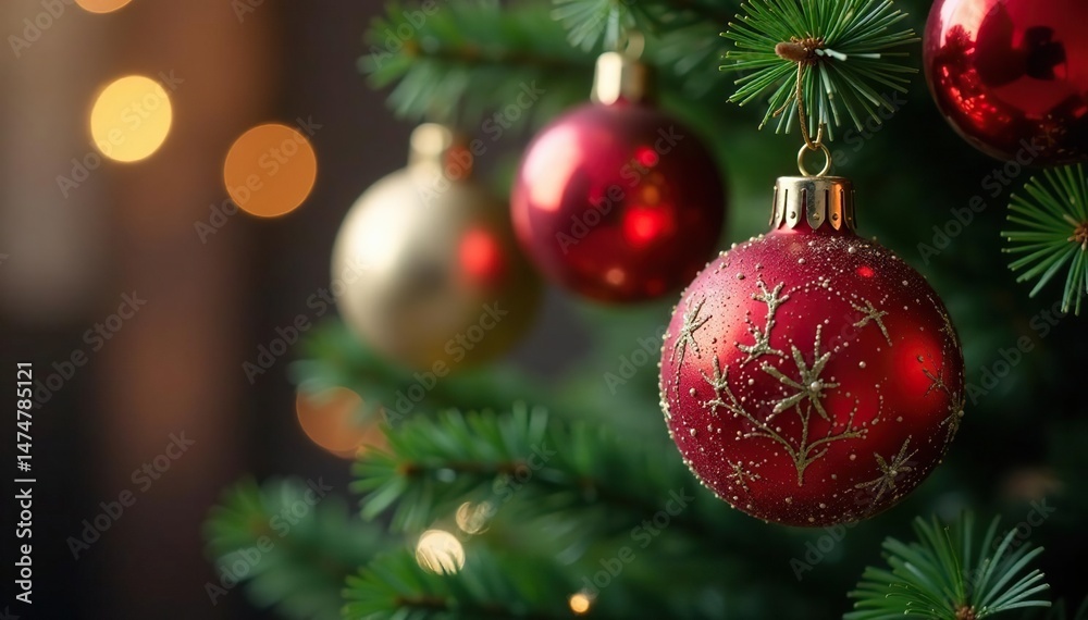 Fototapeta premium Festive Christmas ornaments hanging on a decorated tree , celebration, merry christmas