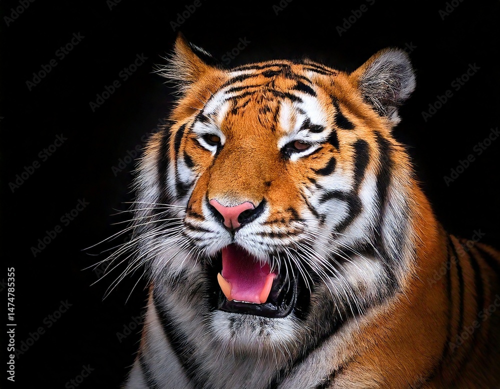 Fototapeta premium Yawning tiger at black background