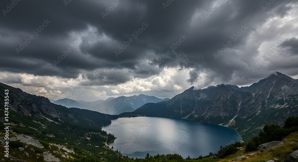 Fototapeta Mountain Lake View Under Dramatic Cloudy Sky Landscape