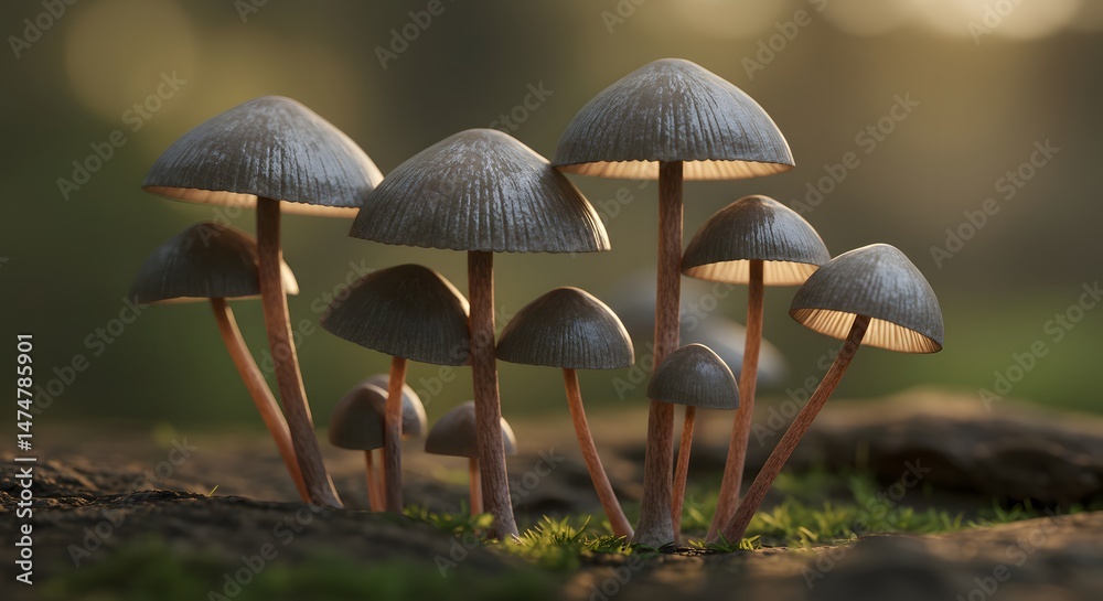 Fototapeta premium Mushrooms Growing in Forest Ground at Sunset