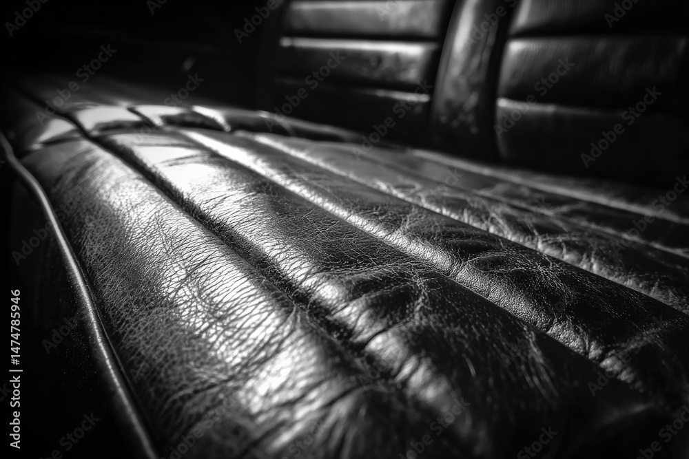 Obraz premium Leather seat detail showcasing texture and craftsmanship in dim light during a classic car restoration project