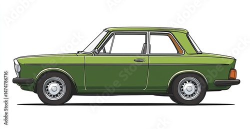 Side view of a vintage green coupe car.  Detailed illustration shows sleek lines and classic design elements.  A profile view highlights the car's shape and proportions