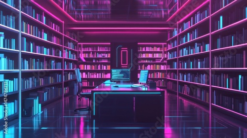 intelligent library technician, maintaining digital library infrastructure, managing AI-assisted research tools, sleek futuristic library with glowing data portals