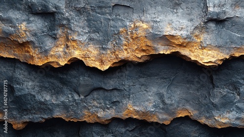 Textured layers of dark grey stone with golden mineral inclusions create an abstract natural formations.
