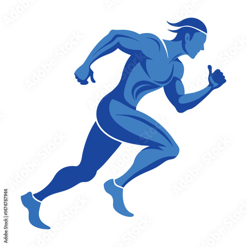 A blue silhouette of a man running with a white background