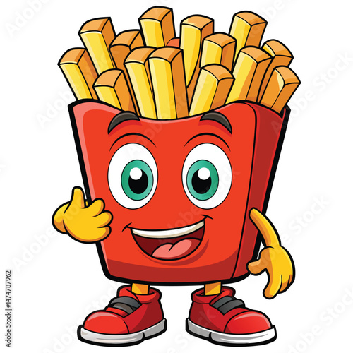 Cute cartoon cheerful french fry character on white background